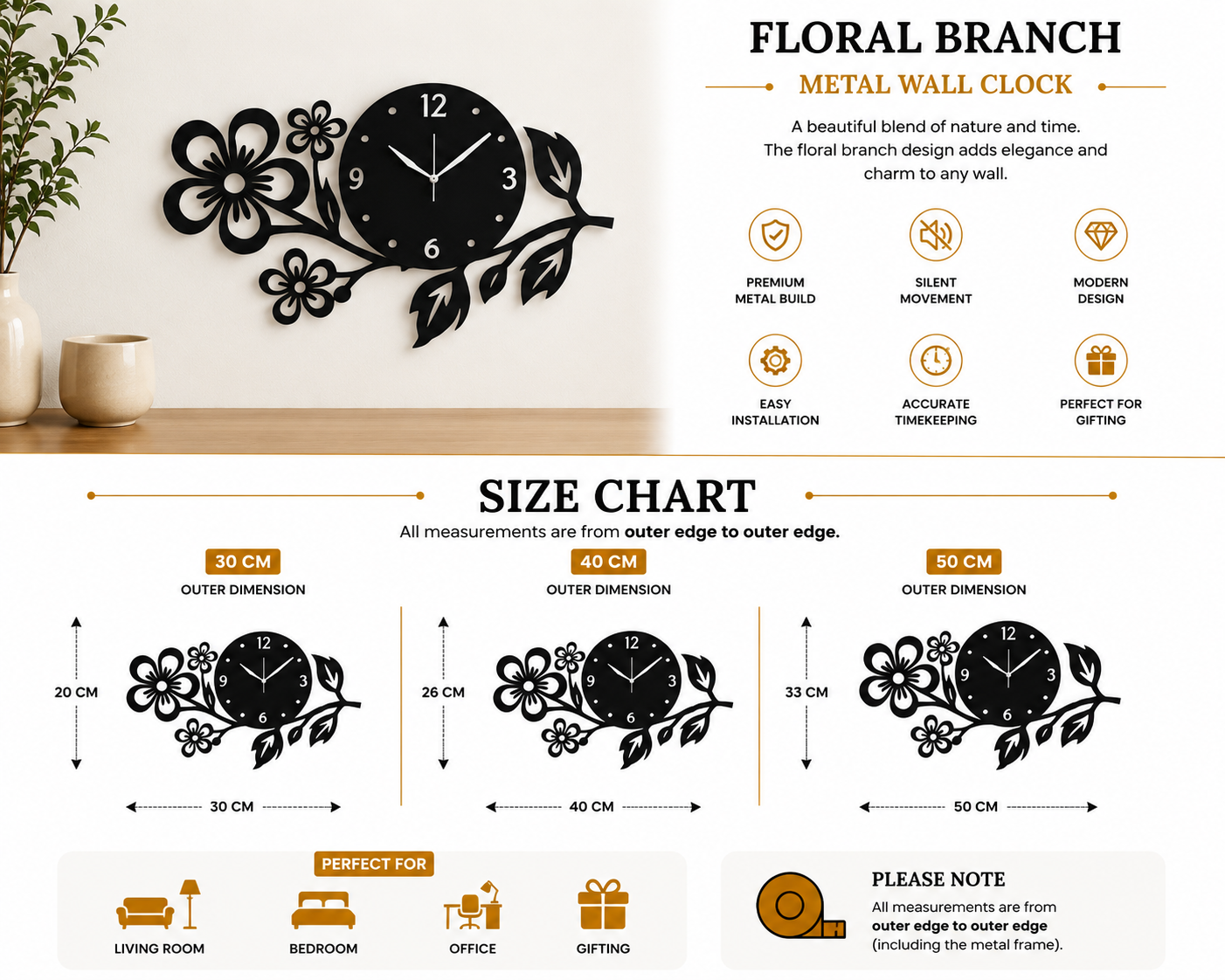 Floral Branch Metal Wall Clock