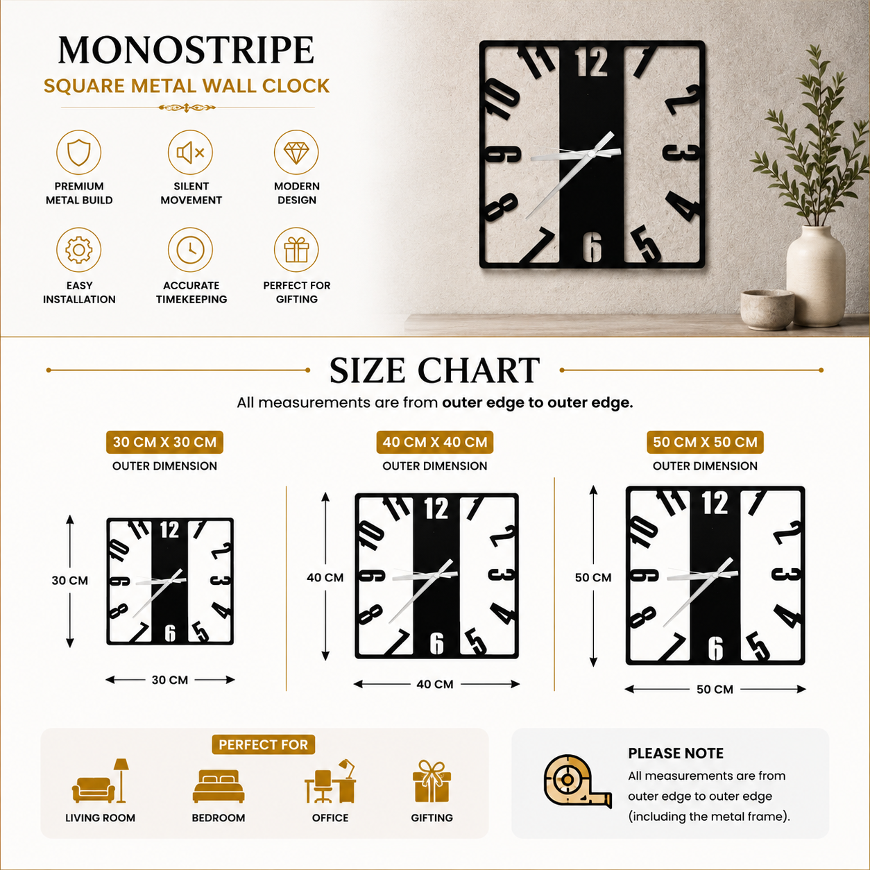 MonoStripe Square Metal Wall Clock