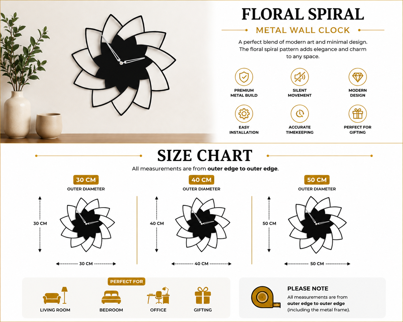 Floral Spiral Metal Wall Clock
